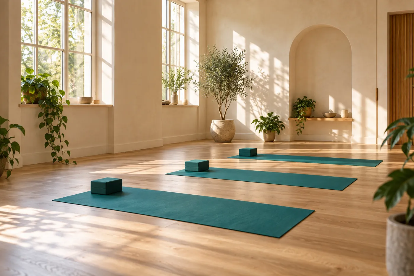 A sunlit wellness studio with teal mats